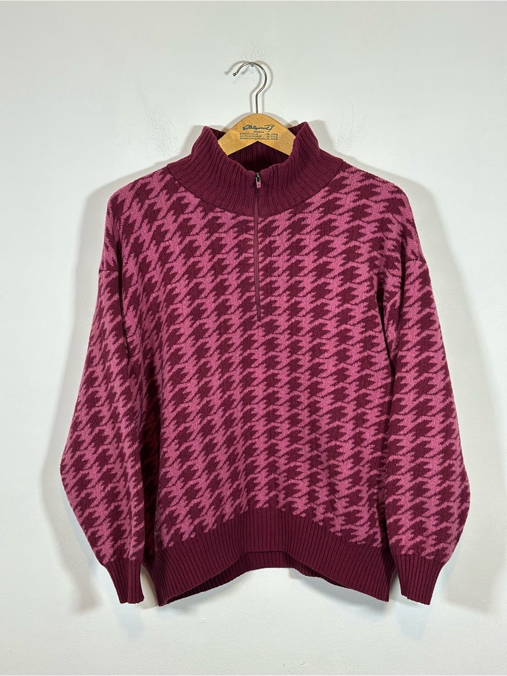 Eddie Bauer Houndstooth Sweater Quarter Zip Mock Neck XL Pink Grandma Preppy - Picture 2 of 14